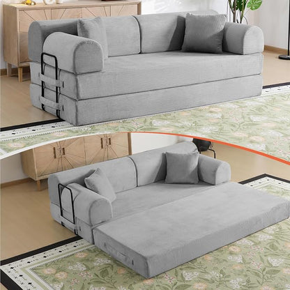 78.8" Boneless Memory Foam Couch, Corduroy Convertible Floor Sofa Bed, Fold-Out Sleeper Futon Loveseat, Wide Armrests & Supportive Back, 1200 lb, Couch in a Box, 2 Pillows, Light Grey