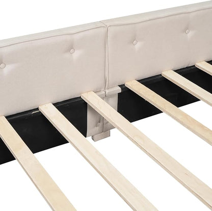 Ball & Cast Queen Size Daybed with Storage Drawers,Linen Upholstered Bed Frame with Button Tufted Backrest and Armrests,L Shaped Day Bed with USB Port,Solid Wood Slats Support,Beige