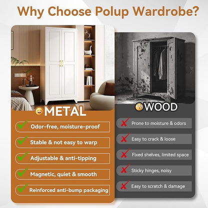 Polup Metal Armoire Wardrobe Closet with Doors and Shelves, 71" Tall Freestanding Wardrobe Cabinet for Hanging Clothes, Large Closet with Hanging Rod for Bedroom, Office, School, Employee, Gym, White