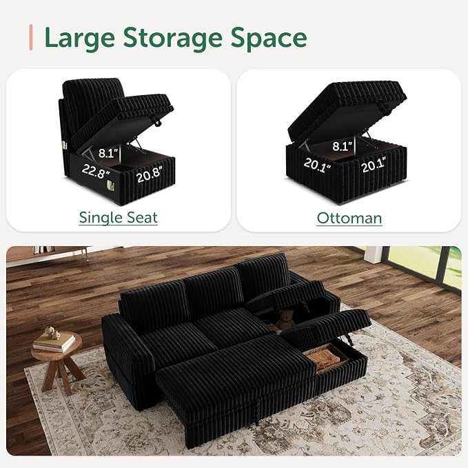 HONBAY Modular Sectional Sofa with Pull Out Bed,Corduroy L Shaped Sleeper Sofa with Storage, Sectional Couches for Living Room,Black