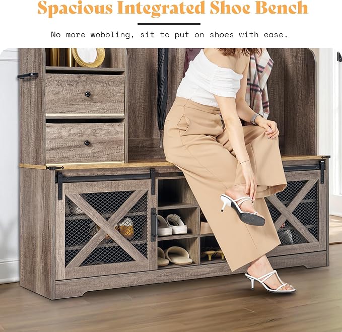 AMERLIFE 75"H 7-in-1 Farmhouse Hall Tree with Bench and shoe storage, LED Entryway Bench with Coat Rack, 12 Shoe Cubbies, 2 Drawers, Barn Doors & Adjustable Shelf, Mudroom Hallway Cabinet, Rustic Grey