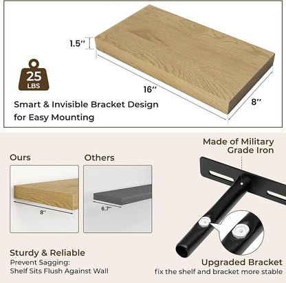 RICHFOCUS 16Inch Floating Shelves for Wall 2 Pack Shelves for Bedroom|Kitchen|Bathroom Wall Mounted Rustic Wood Floating Shelf with Invisible Brackets for Books|Storage|Decor, Oak