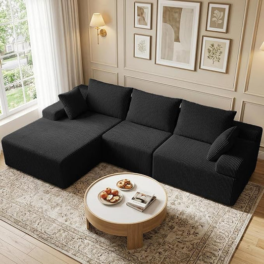 kinmars 108" Boneless Sectional Couch,Corduroy Cloud Couch Sectional for Living Room,Modern L Shaped Modular Sectional Couch,3 Seater Sofa (Black, 108.9" L Shaped with Left Facing Chaise)