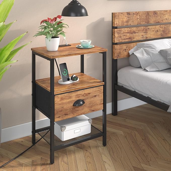 sthmec Nightstands Set of 2, Night Stands with Charging Station and Fabric Drawer, Bedside Tables with Drawers, 2- Tier Side Table with Open Shelf, Nightstands with Charging Station,Rustic Brown