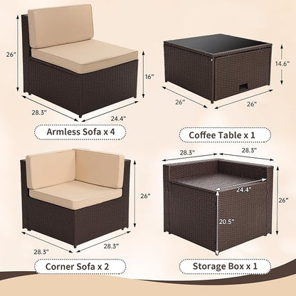 KROFEM 8-Piece Patio Furniture Set, Outdoor Wicker Rattan Sectional with Thick Cushions, Glass Top Table with Hidden Storage, Outdoor Conversation Set for Backyard, Porch, Patio, Beige