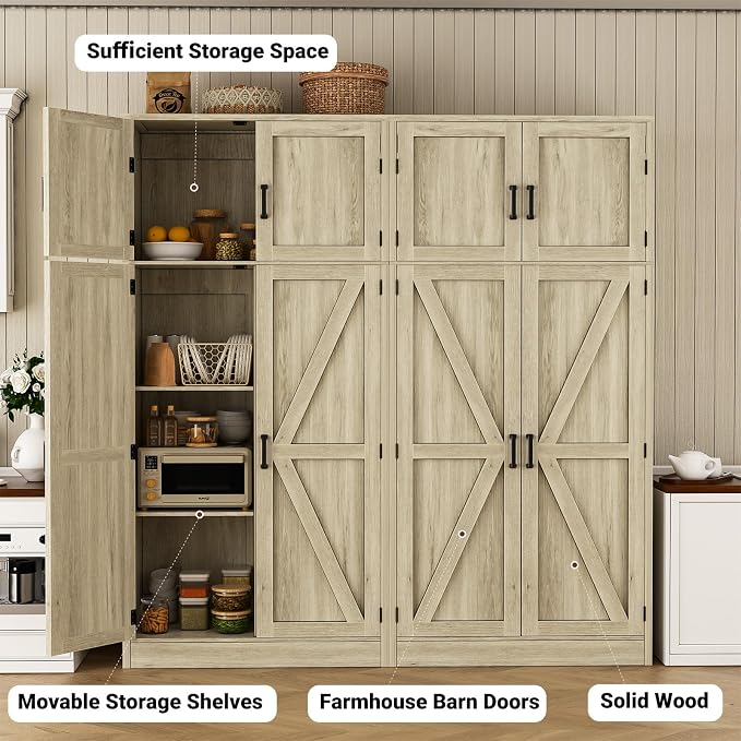 Unikito 71” Farmhouse Kitchen Pantry Cabinet, Large Storage Cabinet with Adjustable Shelves and Barn Doors, Versatile Tall Storage Cupboard for Dinning Room, Bathroom, Living Room, Wash Gray, 2 Pack