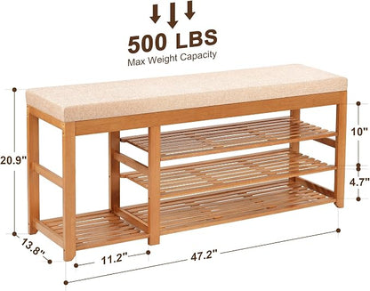 PETKABOO 47.2 in Shoe Rack Bench with Cushion, 3 Tier Bamboo Entryway Bench with Storage for Entryway, Hallway, Bedroom, Living Room