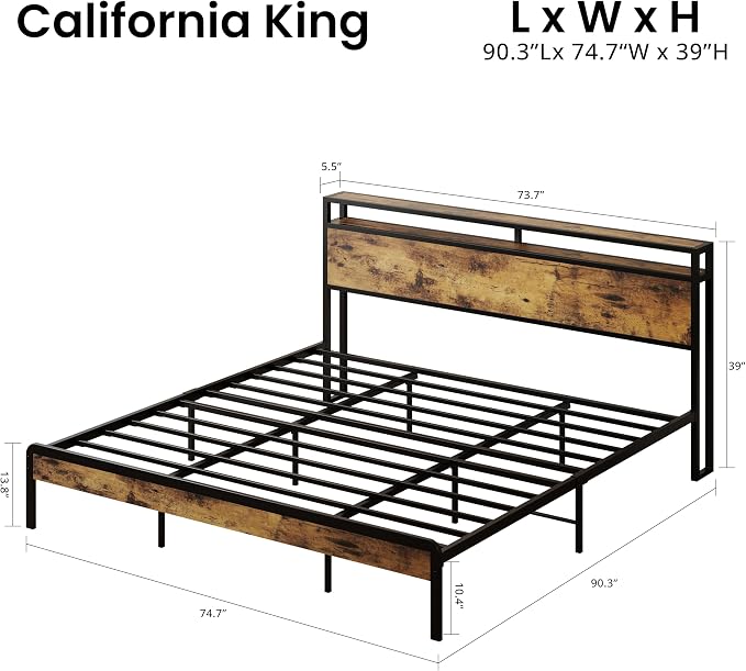 LIKIMIO California King Size Bed Frame, Platform Bed with Storage Headboard | Metal Bed Frame, Solid and Stable, Noise Free, No Box Spring Needed, Easy Assembly, Durable, Industrial Brown