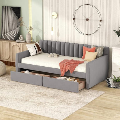 Merax Upholstered Daybed with 2 Drawers, Twin Size Bed Frame with Storage and Wood Slat Support, Gray