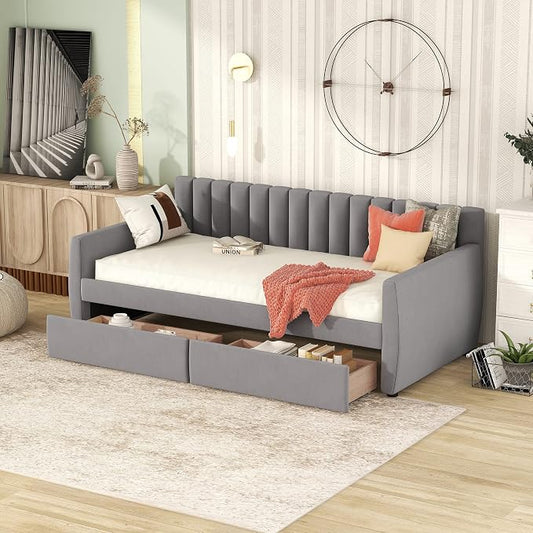 Merax Upholstered Daybed with 2 Drawers, Twin Size Bed Frame with Storage and Wood Slat Support, Gray
