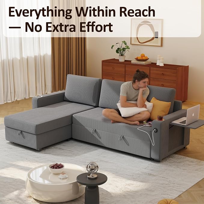 Ball & Cast 80" Sectional Sleeper Sofa Bed Pull Out Couches for Living Room | L Shaped Convertible Pull Out Sofa Bed with Storage Chaise, Foldable Table, USB Port, Cup Holder, Side Pocket for Small Space