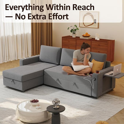 Ball & Cast 80" Sectional Sleeper Sofa Bed Pull Out Couches for Living Room | L Shaped Convertible Pull Out Sofa Bed with Storage Chaise, Foldable Table, USB Port, Cup Holder, Side Pocket for Small Space