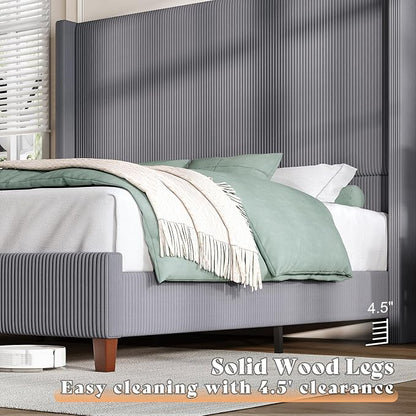 AMERLIFE Queen Size 62" Corduroy Upholstered Bed Frame, Luxurious Platform Bed with Extra Tall Wingback Headboard and Vertical Stripe, No Box Spring Needed/Solid Wood Slats & Legs/Gray