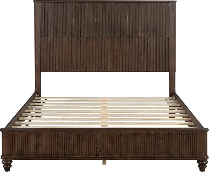 3-Pieces Bedroom Sets, Queen Size Platform Bed with 2 Nightstands, Solid Wood Platform Bed Frame with Tall Headboard and Classic American Turned Legs (Brown-5.25, Queen)