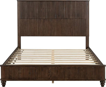 3-Pieces Bedroom Sets, Queen Size Platform Bed with 2 Nightstands, Solid Wood Platform Bed Frame with Tall Headboard and Classic American Turned Legs (Brown-5.25, Queen)