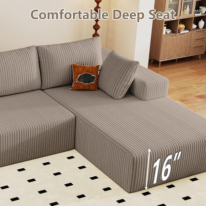 95" Cloud Sectional Couch U-Shaped Chaise with Ottoman, Corduroy Boneless Couch for Living Room Bedroom, Deep-Seat Upholstered Modular Cloud Sofa, No Assembly Required (Camel, Right Facing Chaise)