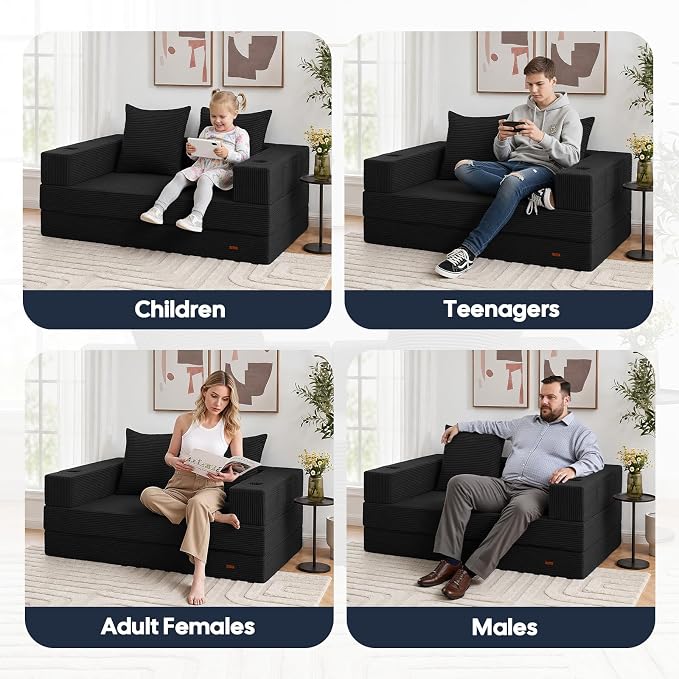 COMAX Futon Sofa Bed, Convertible Sofa Bed, Folding Boneless Couches | Boneless Couch for living room, 4‑in‑1 Fold Out Small Foldable Loveseat Floor Sleeper Mattress Lounge Space‑Saving, Black