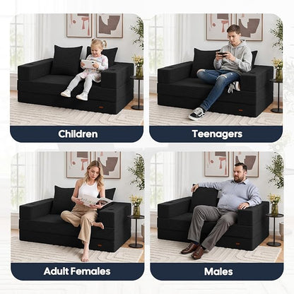 COMAX Futon Sofa Bed, Convertible Sofa Bed, Folding Boneless Couches | Boneless Couch for living room, 4‑in‑1 Fold Out Small Foldable Loveseat Floor Sleeper Mattress Lounge Space‑Saving, Black