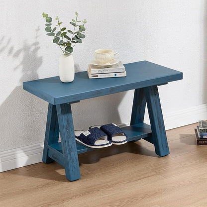 Farmhouse Wood Bench, Rustic Indoor Storage Bench Solid Wood Entryway Bench with Shoe Storage 2-Tier Narrow Bench Seat Indoor for Entryway, Living Room, Dining Room, Hallway, Blue