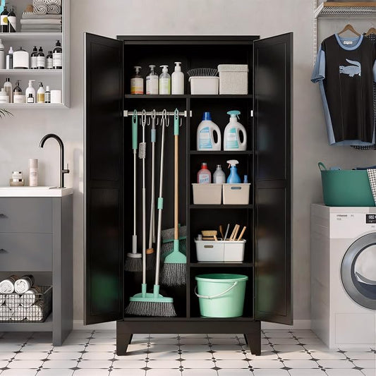 71" H Tall Pantry Cabinet with Doors,Kitchen Pantry Cabinet,Black Metal Storage Cabinets,Garage Storage Cabinet,Food Storage Cabinet with Doors and Shelves