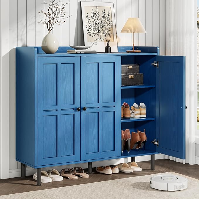 ONBRILL Shoe Cabinet with 3 Doors and Adjustable Shelves, 30 Pairs Shoe Storage Cabinet, 40 Inch Tall Farmhouse Shoe Rack Shoe Organizer Cabinet for Entryway Living Room Closet, Blue