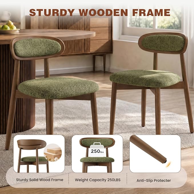 Wooden Dining Chairs Set of 4, Modern Fabric Upholstered Dining Room Chair, Kitchen Side Chairs, Farmhouse Dinner Chair with Curved Back for Kitchen, Green