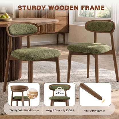 Wooden Dining Chairs Set of 2, Modern Fabric Upholstered Dining Room Chair, Kitchen Side Chairs, Farmhouse Dinner Chair with Curved Back for Kitchen, Green