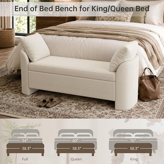 Usaint 58.3" Storage Ottoman Bench with Pillows, Upholstered End of Bed Bench with Arms, Footrest Stool Bench for Bedroom, Living, Window, Entryway and Hallway, Beige