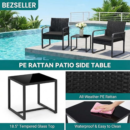 Bezseller 3 Piece Outdoor Patio Furniture Set, Patio Bistro Set Wicker Conversation Set, Modern Rattan Chair with Glass Coffee Table for Backyard, Porches, Poolside, Lawn and Balcony