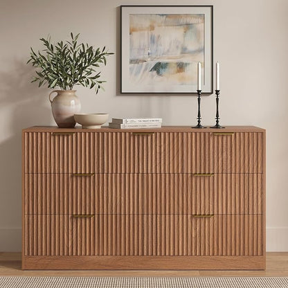 7 Drawer Dresser for Bedroom, 55" Wide Fluted Chest of Drawers with Gold Metal Handles, Modern Wood Dresser Closet Storage Organizer Mid Century TV Stand for Living Room Hallway Light Walnut