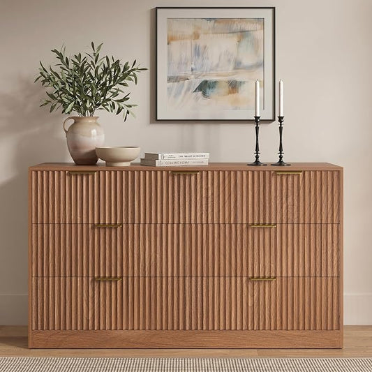 7 Drawer Dresser for Bedroom, 55" Wide Fluted Chest of Drawers with Gold Metal Handles, Modern Wood Dresser Closet Storage Organizer Mid Century TV Stand for Living Room Hallway Light Walnut