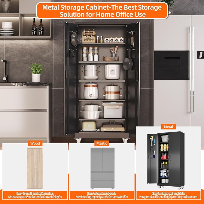 SUXXAN Metal Storage Cabinet with Wheels and Pegboard, 71" Tall Industrial Heavy Duty Steel Cabinet with 5 Adjustable Shelves & Locking Doors for Garage, Office, Pantry, Warehouse, Black