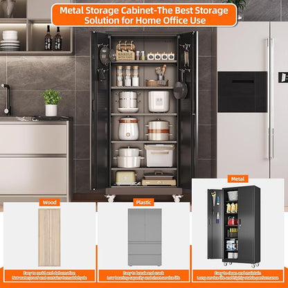 SUXXAN Metal Storage Cabinet with Wheels and Pegboard, 71" Tall Industrial Heavy Duty Steel Cabinet with 5 Adjustable Shelves & Locking Doors for Garage, Office, Pantry, Warehouse, Black