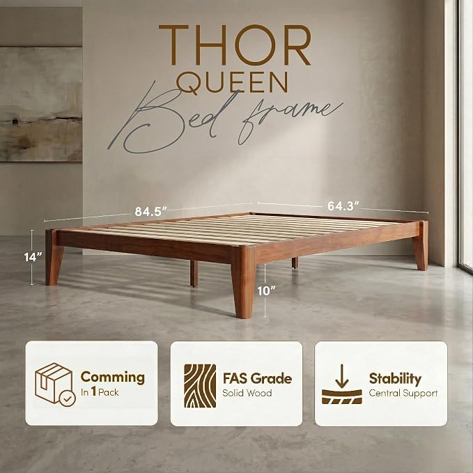 Thor Premium Solid Wood Bed Frame Queen, Japanese Joinery Bed Frame with Wood Slat Support, Platform Bed, No Box Spring Needed, Easy Assembly, Minimalist & Modern Style (Mahogany)
