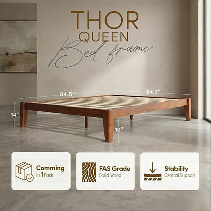 Thor Premium Solid Wood Bed Frame Queen, Japanese Joinery Bed Frame with Wood Slat Support, Platform Bed, No Box Spring Needed, Easy Assembly, Minimalist & Modern Style (Mahogany)