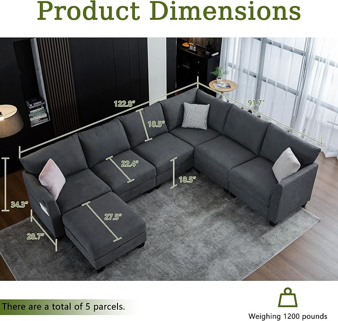 122.8" Large Sectional Couches for Living Room, 6 Seater L Shaped Modular Sectional Sofa with Storage Ottoman & USB, Oversized Corner Couch for Living Room（Grey）