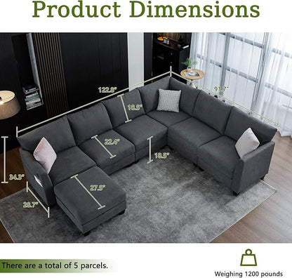122.8" Large Sectional Couches for Living Room, 6 Seater L Shaped Modular Sectional Sofa with Storage Ottoman & USB, Oversized Corner Couch for Living Room（Grey）