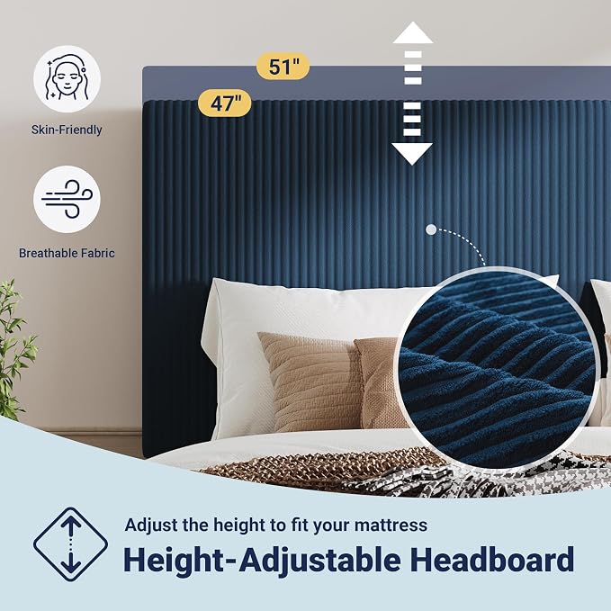 Allewie King Size Upholstered Bed Frame with Vertical Channel Tufted Headboard, Soft Corduroy Fabric Platform Bed, Strong Wooden Slats Support, Easy Assembly, No Box Spring Needed, Dark Blue