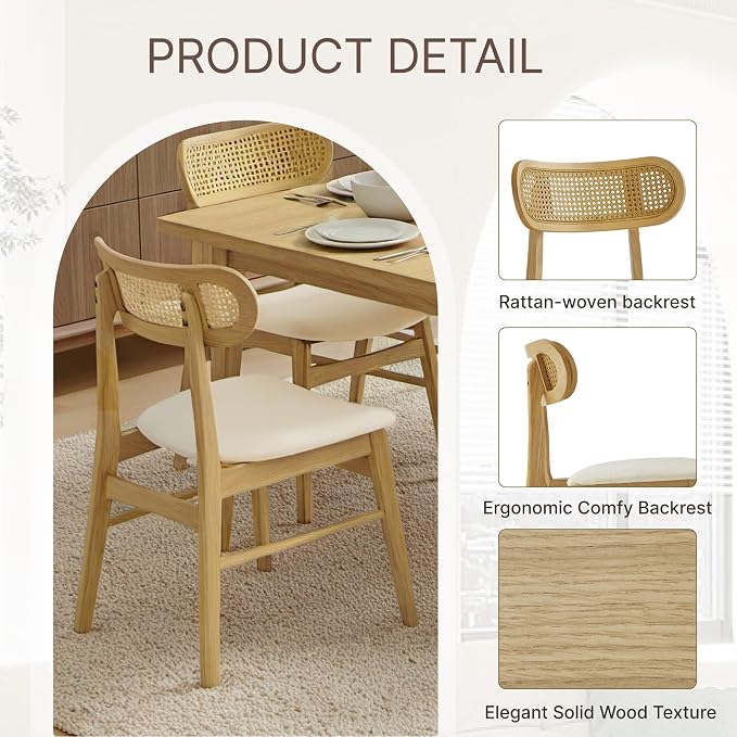 KISLOT Rattan Dining Chairs Set of 4, Upholstered Modern Dining Room Chairs, Mid Century Oak Wood Kitchen Chairs with Rattan Backrest for Farmhouse, Restaurant, Café (Cream Fabric & Original Color)
