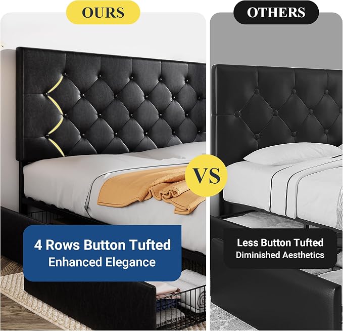 Allewie King Size Black Metal Faux Leather Platform Bed Frame with 4 Drawers