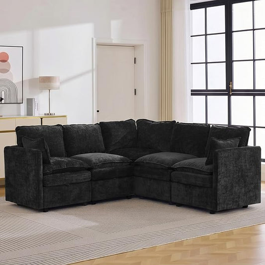 80" Black Modular Storage Sofa, V Shaped Chenille Cloud Couch with Armrest | Oversized Convertible Sectional Sofa, 5-Seat Sectional Couch With Armrests, Large Cloud Couch For Living Room, Apartment.
