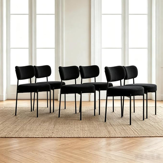 Boucle Dining Chairs Set of 6, White Mid Century Modern Kitchen Dining Room Chairs with Curved Backrest and Metal Frame, Round Upholstered Dining Chairs for Kitchen, Living Room
