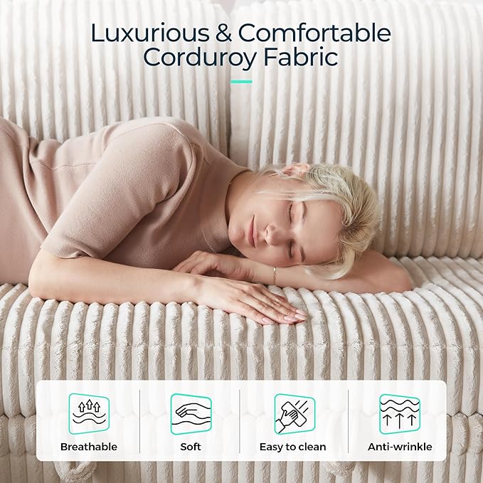 LINSY HOME Sectional Sofa with Pull Out Bed, 6 Seats Corduroy Reversible Sleeper Sofa with Storage Seats & Chaises, USB Ports, Cup Holders, Side Pocket, Sectional Couches for Living Room, Beige