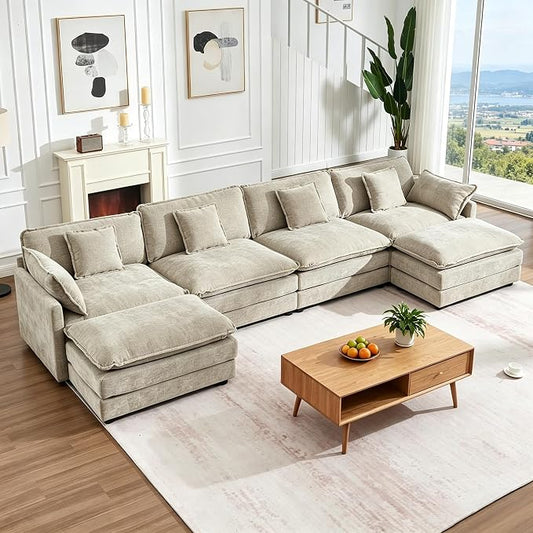 147" Modular Sectional Sofa, Oversized U Shaped Sectionals Cloud Couch, Big Comfy Couch with 2 Ottomans, 6 Seater Chenille Sectional Sofa with Deep Seat and 6 Pillows for Living Room- Camel
