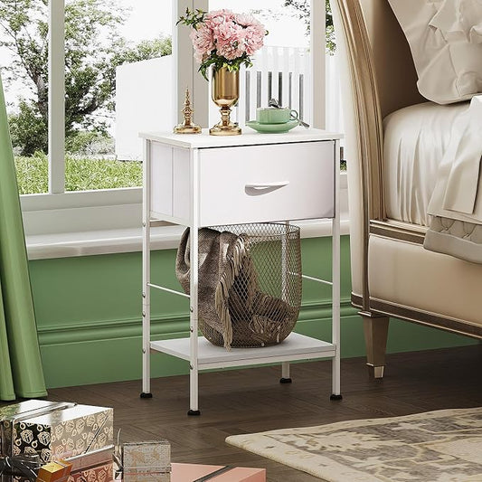 WLIVE Small White Nightstand with Drawer, Fabric Bedside Table, 25.03'' H | Night Stand with Wood Open Shelf, Small Bed Side Table for Bedroom, Dorm, Small Space, Easy Assembly