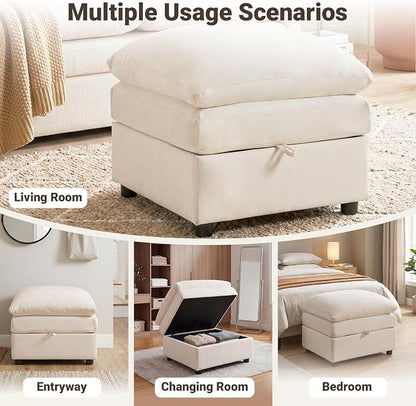 Iroomy 25" Chenille Ottoman, 9.5" Thick Cushion, Upholstered Footrest Modern Footstool & Bench for Living Room, Bedroom, Beige