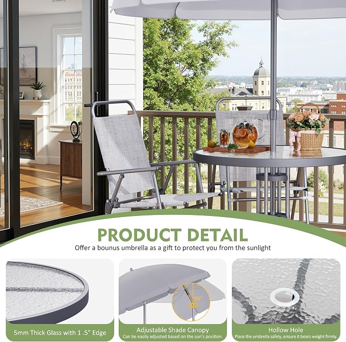 Shintenchi 6 Piece Outdoor Patio Furniture Set, Small Outdoor Patio Dining Table and Chairs Set, Outdoor Seating with Umbrella for Backyard, Balcony, Front Porch, Ice Silver