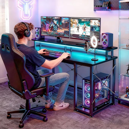 ODK 48 inch Gaming Desk with LED Lights, Computer Desk with Monitor Stand & Storage Shelves, CPU Stand, Home Office Desk, Black