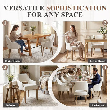 Linen Upholstered Dining Chairs Set of 2 with Arms | Cream Linen Fabric, Breathable Upholstery, Curved Backrest, Cushioned Seat, Solid Wood Legs, Farmhouse Style For Dining Room
