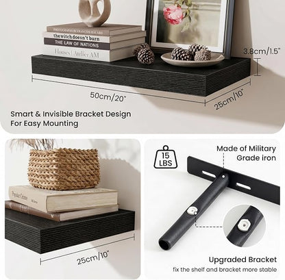 Fun Memories Wood Floating Shelves 20 Inch, 10 Inch Deep Shelves Wall Mount, Wall Shelves with Invisible Bracket, 20" Floating Shelves for Living Room Bathroom Bedroom, Black, Set of 2